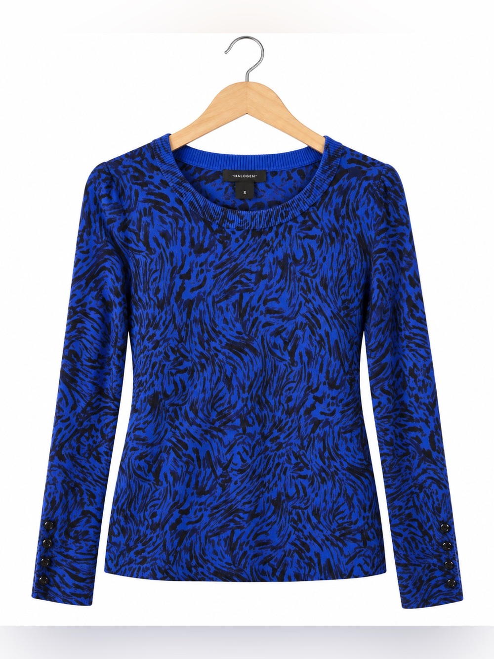 Halogen Blue Black Abstract Print Long Sleeve Knit Top Small Crewneck Career